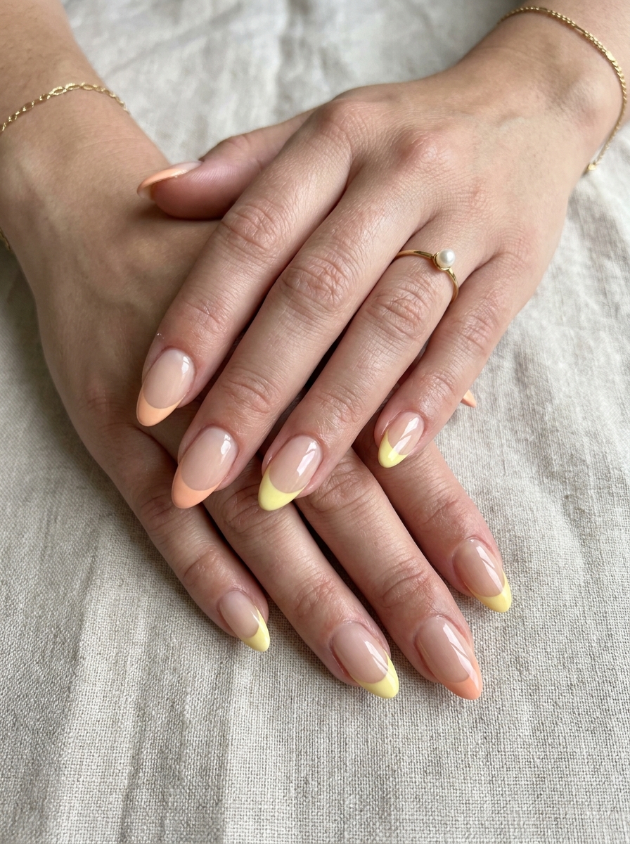 Peach and Lemon Color Mix French mit pfirsichfarbenen und gelben Spitzen